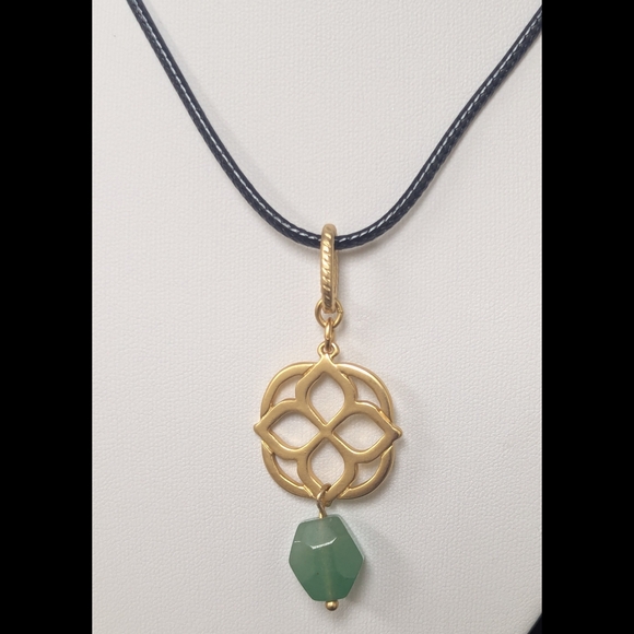 Aventurine Clover Pendant Necklace • Black Vegan Leather Cord Statement Necklace - Picture 3 of 6